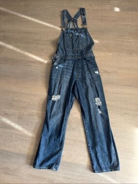 GAP Distressed Dark Blue Denim Overalls- Women’s Large. Gently Used Condition.